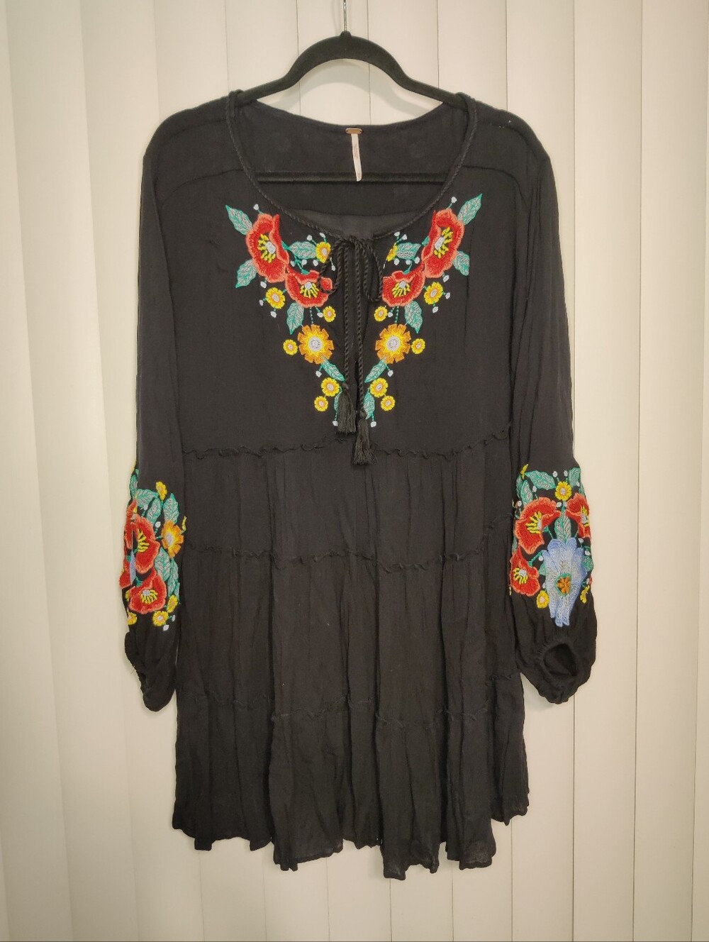 Free People Black Mini Dress Embroidered Florals